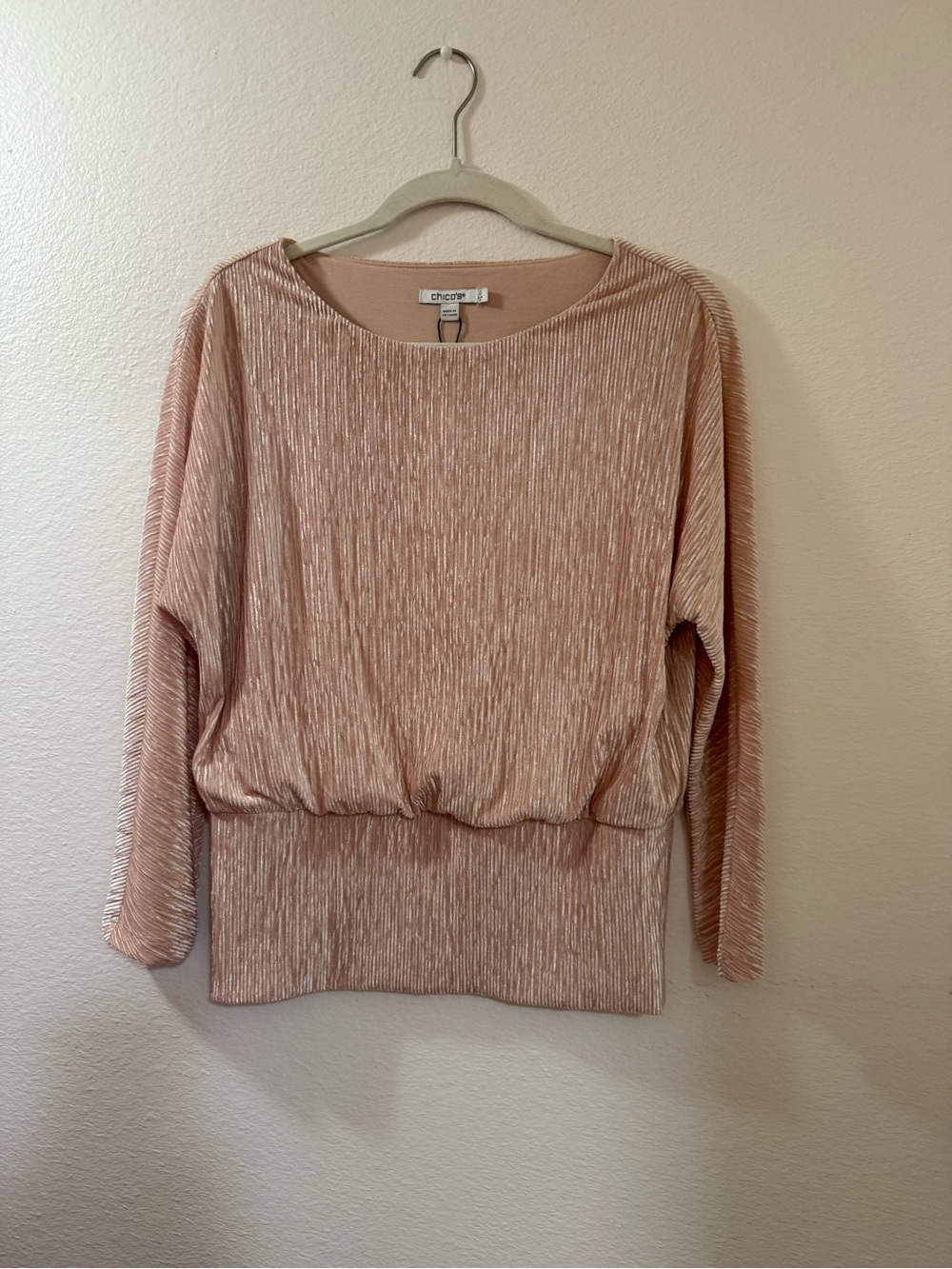 Chico's Blush Metallic Pleated Long-Sleeve Top
